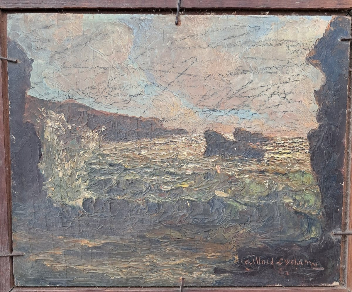 Alexandre GAILLARD-DESCHAMPS, vue d'un port en bretagne et au revers la mer, huile sur panneau-photo-4