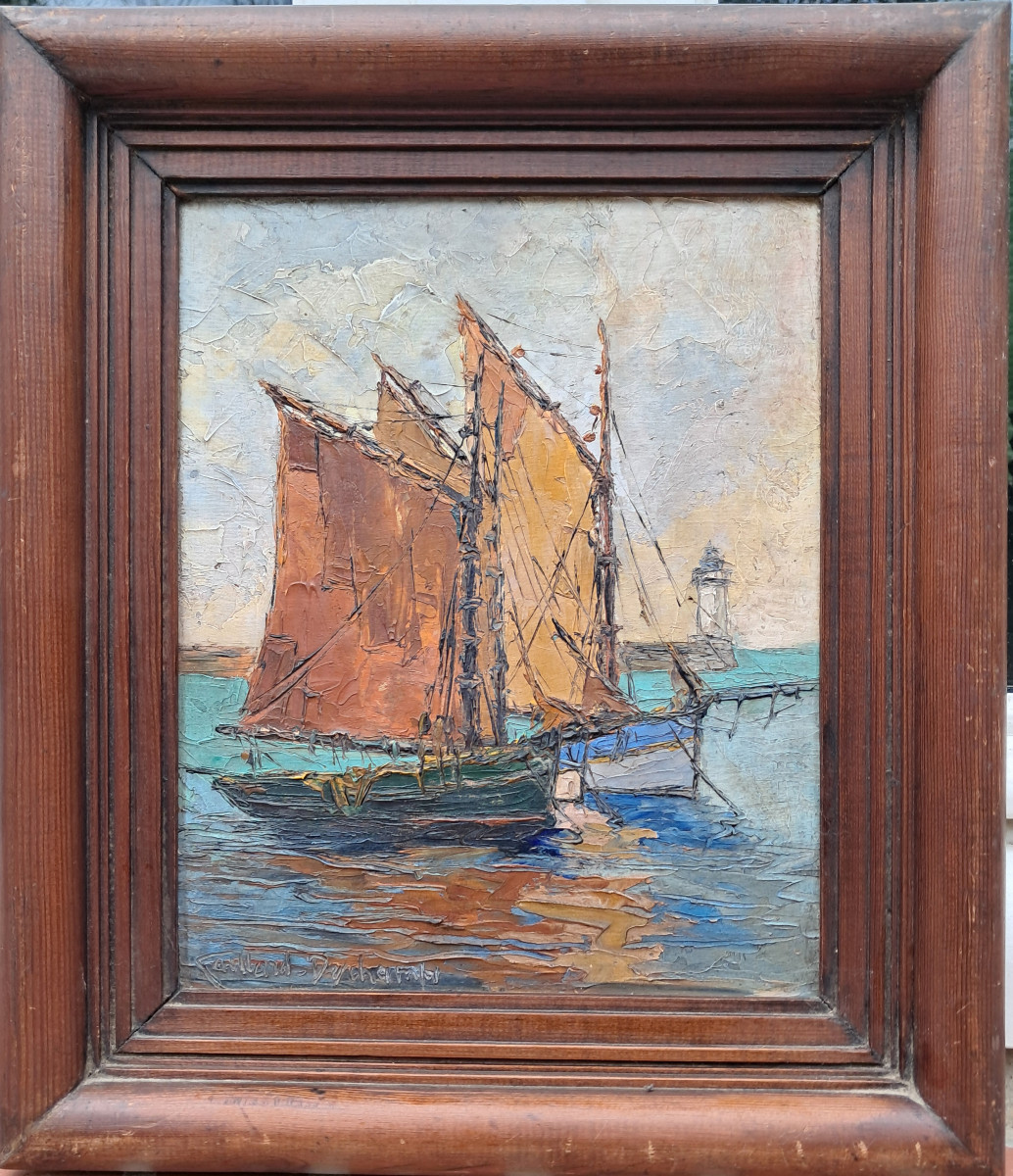 Alexandre GAILLARD-DESCHAMPS, vue d'un port en bretagne et au revers la mer, huile sur panneau