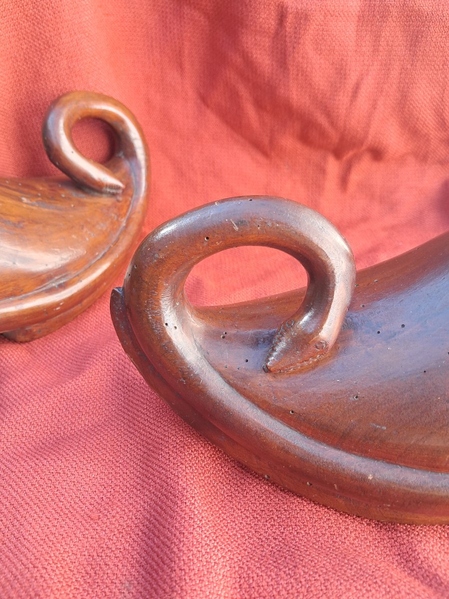 paire de sabots en bois sculpté, serpent et cœur, art populaire, XIXème-photo-4