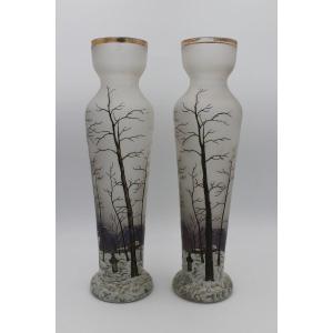 Paire De Vases Legras à Décor Neige