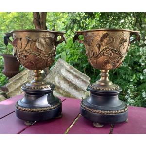 Pair Of 19th Century Bronze Cups In The Style Of Greek Skyphos 