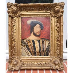 Portrait De François 1er, Huile Sur Toile, Cadre Aux Armes De France, XIXème