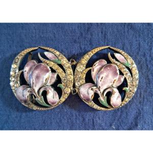PIEL FRERES, Boucle de ceinture à décor d'iris, métal, émail et strass, ART NOUVEAU