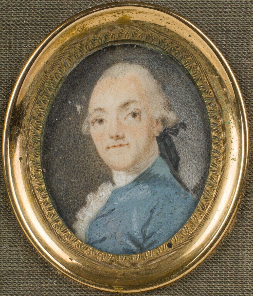 Miniature Du XVIIIe Portrait De Gentilhomme Signee Cadre En Tissu Vert-photo-4