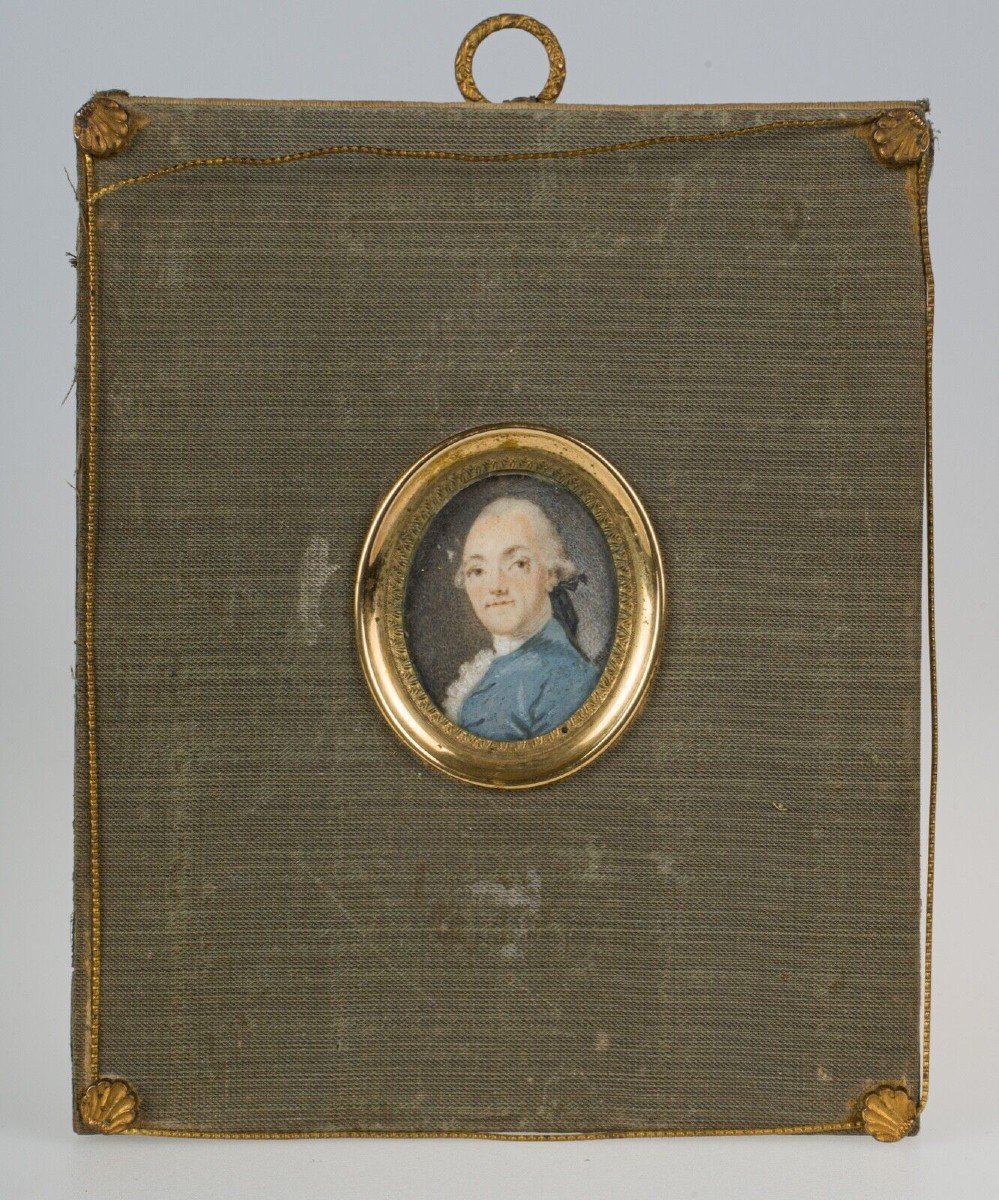 Miniature Du XVIIIe Portrait De Gentilhomme Signee Cadre En Tissu Vert-photo-8