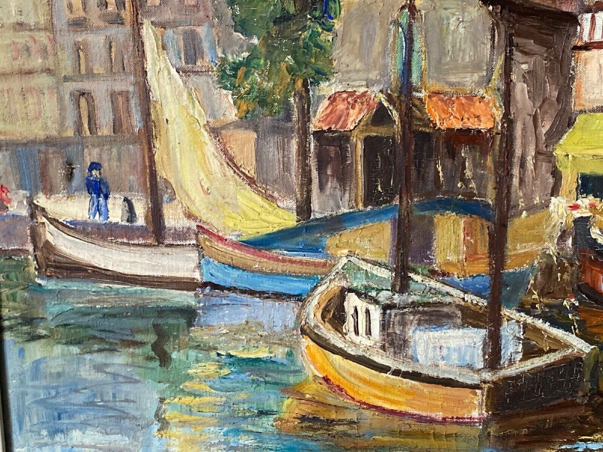 Oil On Canvas By Yves Auger Representing The Port Of Aix Les Bains Twentieth-photo-4