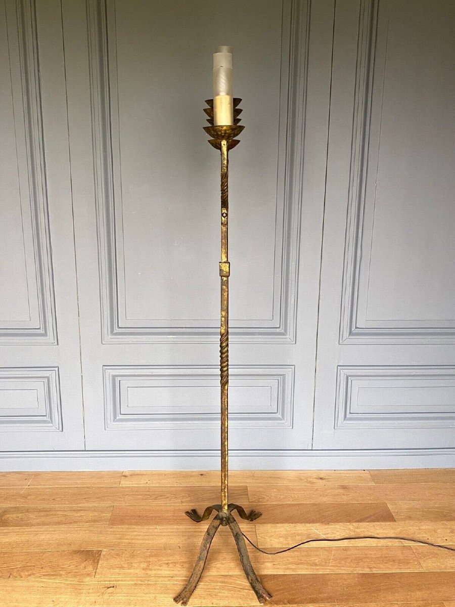 Brutalist Floor Lamp 1950 Five Lights Golden Metal-photo-3