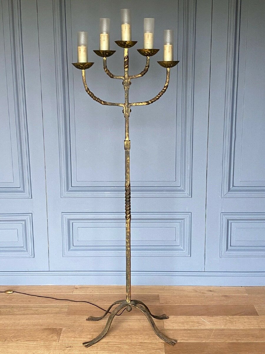 Brutalist Floor Lamp 1950 Five Lights Golden Metal