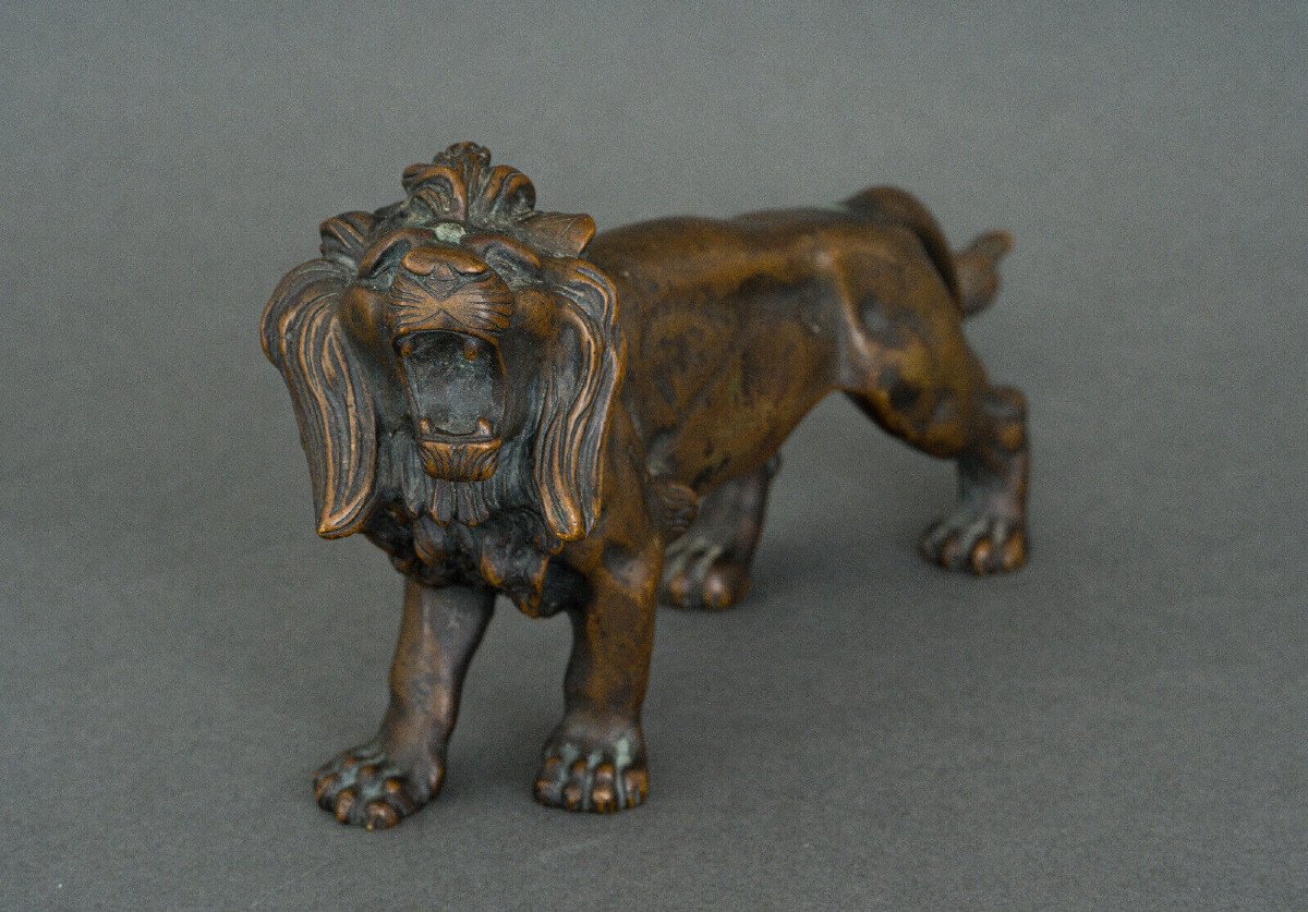 Statue en bronze représentant un lion XIXe Patine brune nuancée clair-photo-4