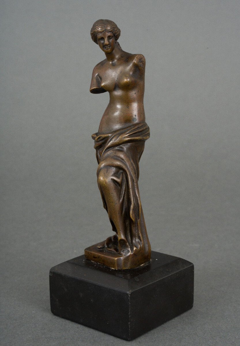 Venus De Milo Bronze Statue Chocolate Patina 19th Century Black Marble Base-photo-2