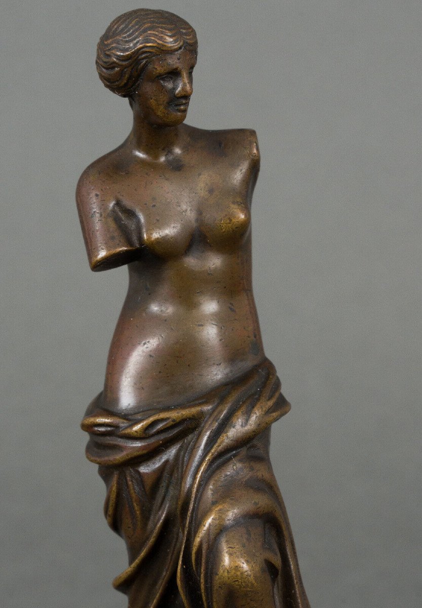 Venus De Milo Bronze Statue Chocolate Patina 19th Century Black Marble Base-photo-4