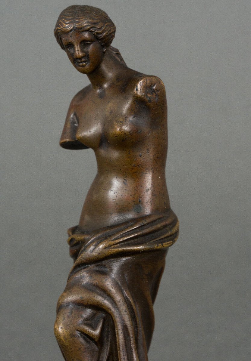 Venus De Milo Bronze Statue Chocolate Patina 19th Century Black Marble Base-photo-6