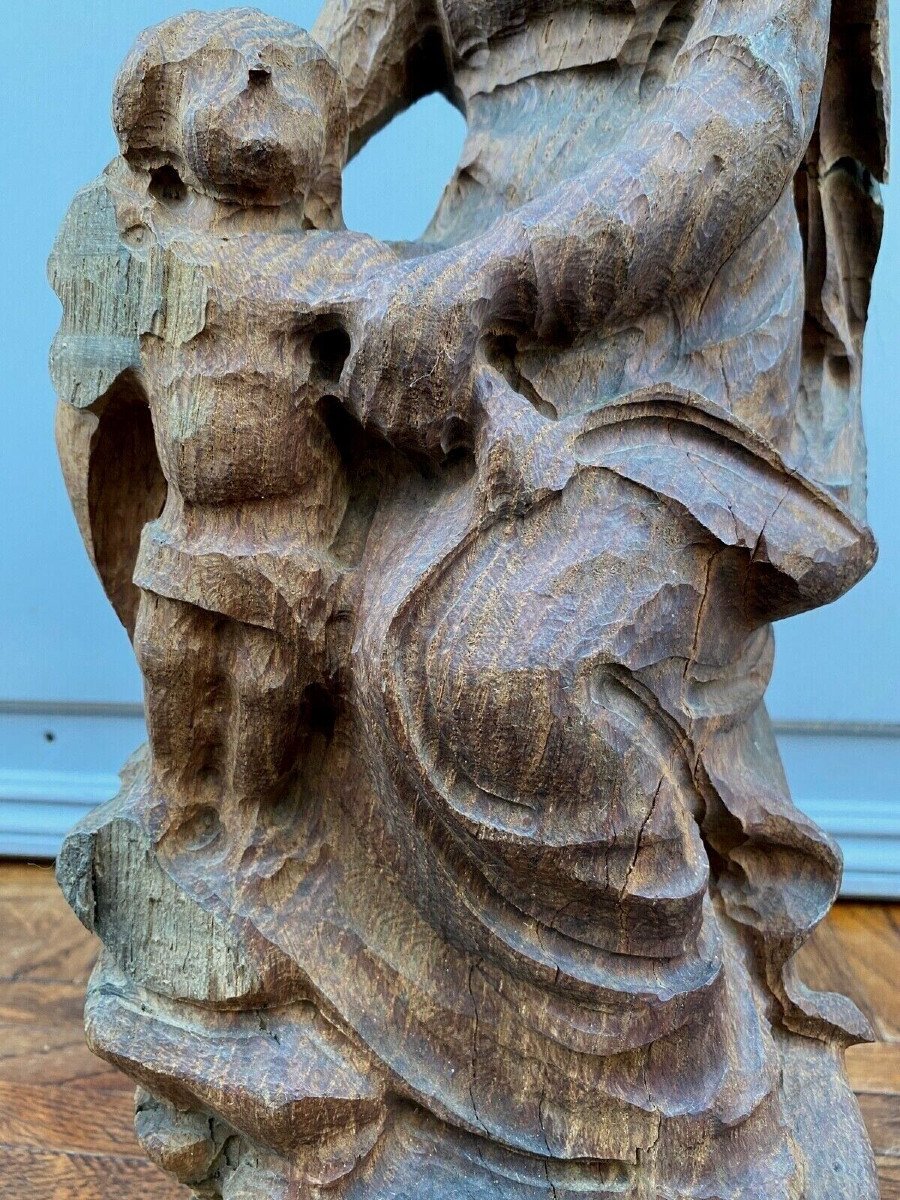 Virgin And Child In Carved Wood Early 20th Century Oak Direct Carving-photo-3
