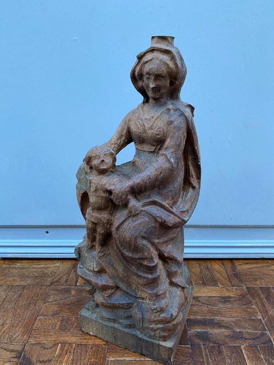 Virgin And Child In Carved Wood Early 20th Century Oak Direct Carving