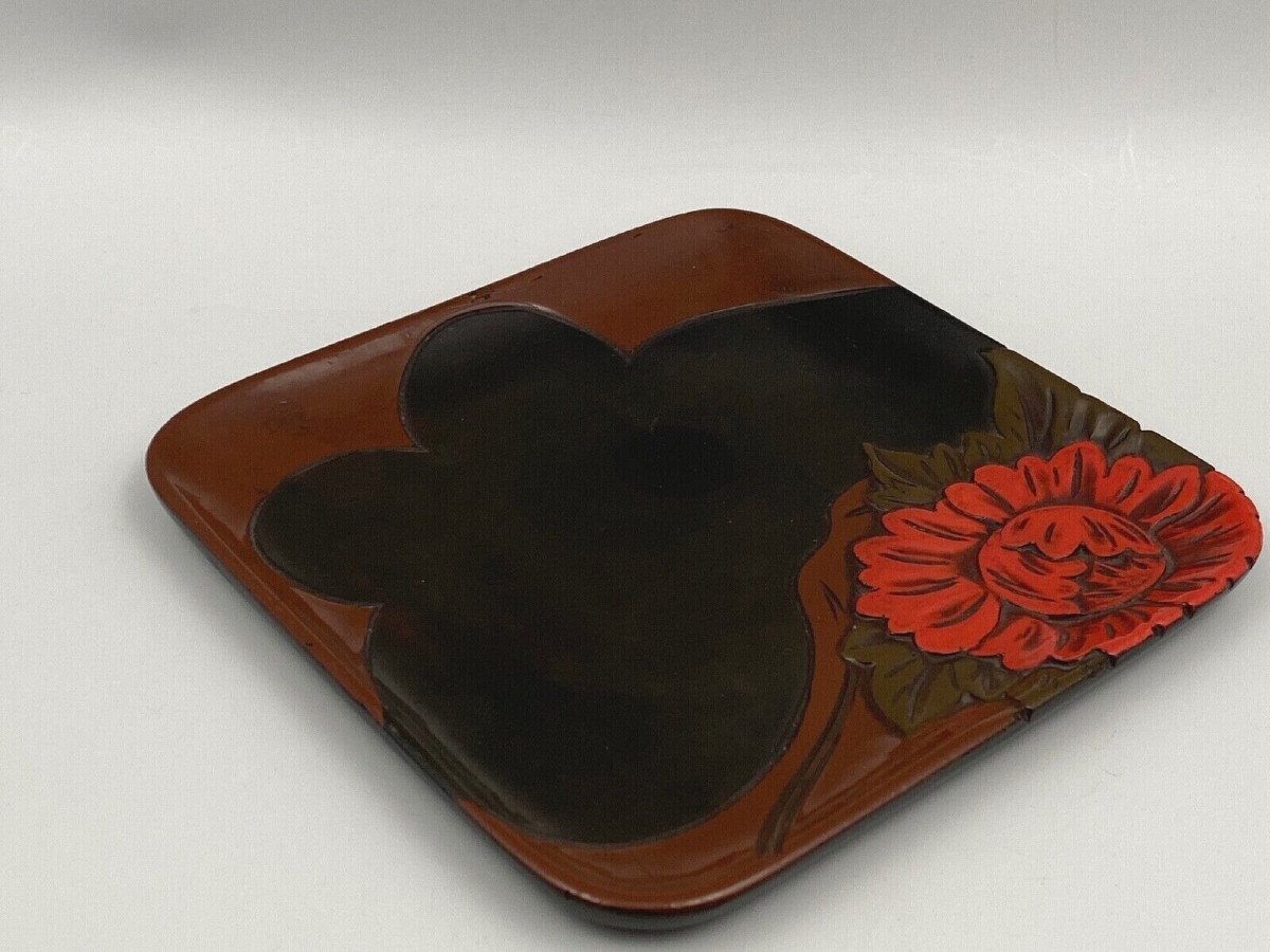Japanese Lacquer Presentation Tray 20th Century Floral Decor-photo-3