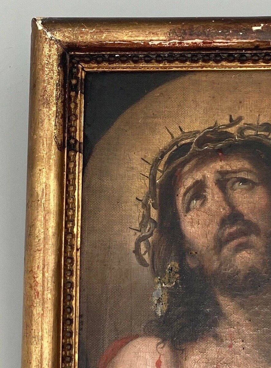 Oil On Canvas Depicting Christ Imploring Late 19th Century Beaded Frame-photo-3