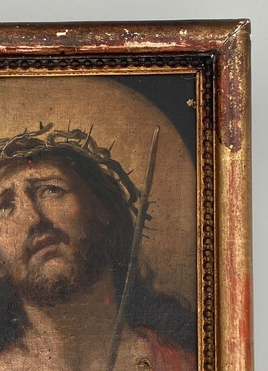 Oil On Canvas Depicting Christ Imploring Late 19th Century Beaded Frame-photo-4