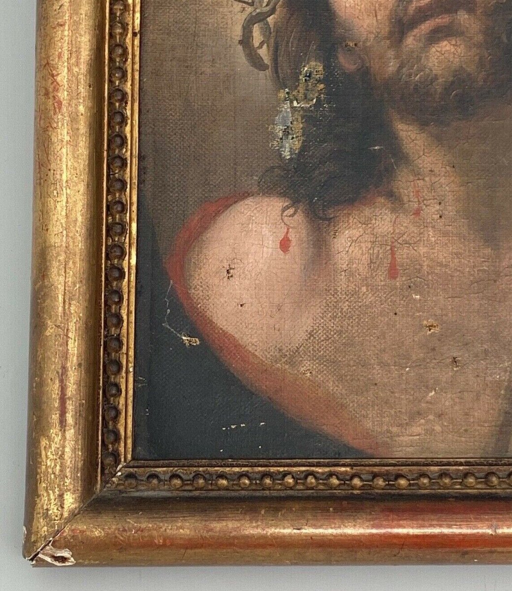 Oil On Canvas Depicting Christ Imploring Late 19th Century Beaded Frame-photo-1