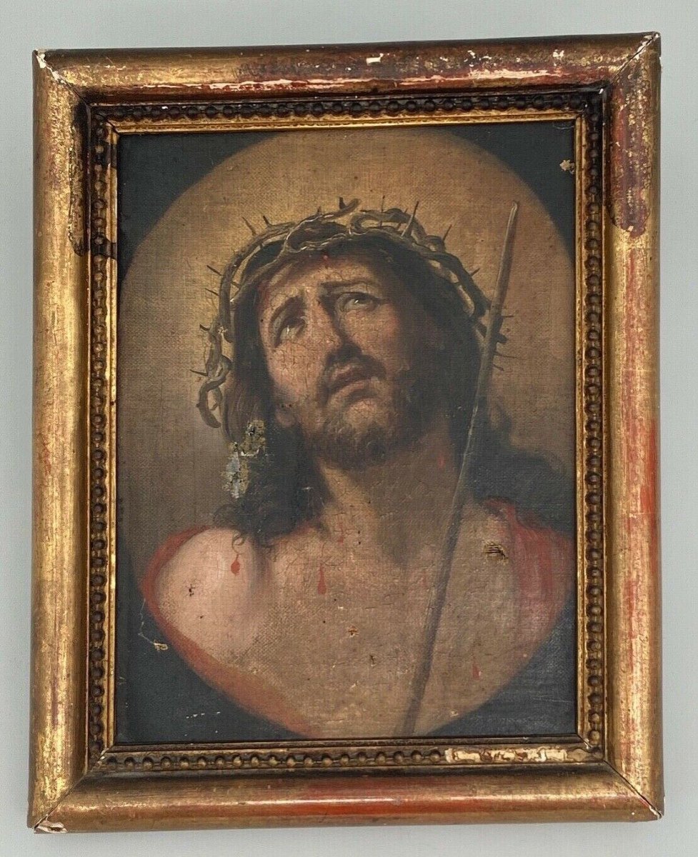 Oil On Canvas Depicting Christ Imploring Late 19th Century Beaded Frame