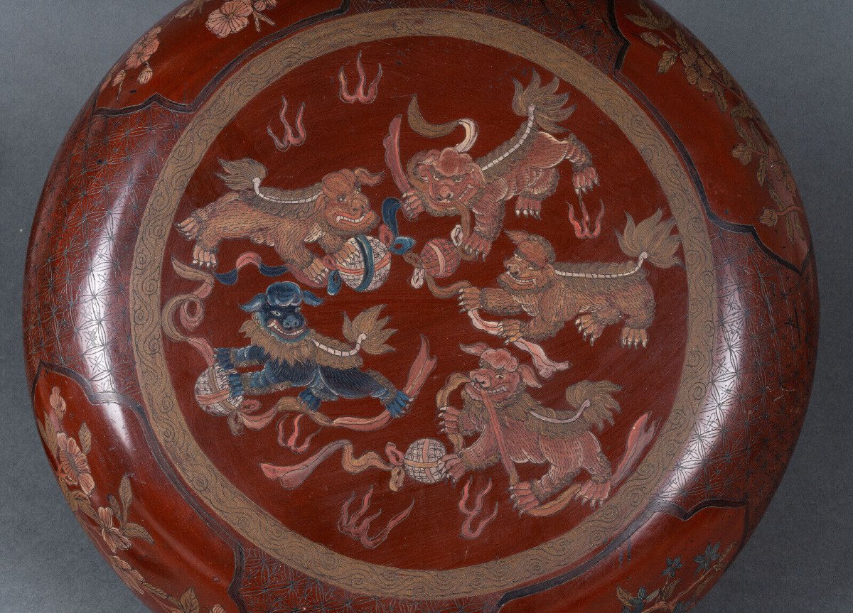 Chinese Red Lacquer Box Early 20th Century Dragon Dog Decor-photo-7