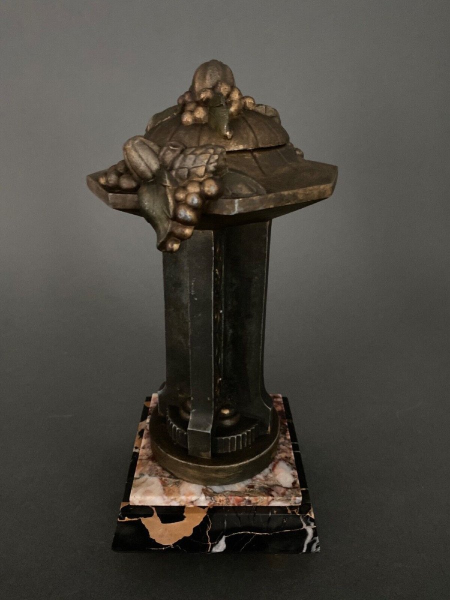 Pair Of 1930 Art Deco Cassolettes In Bronze On A Marble Support Base-photo-4