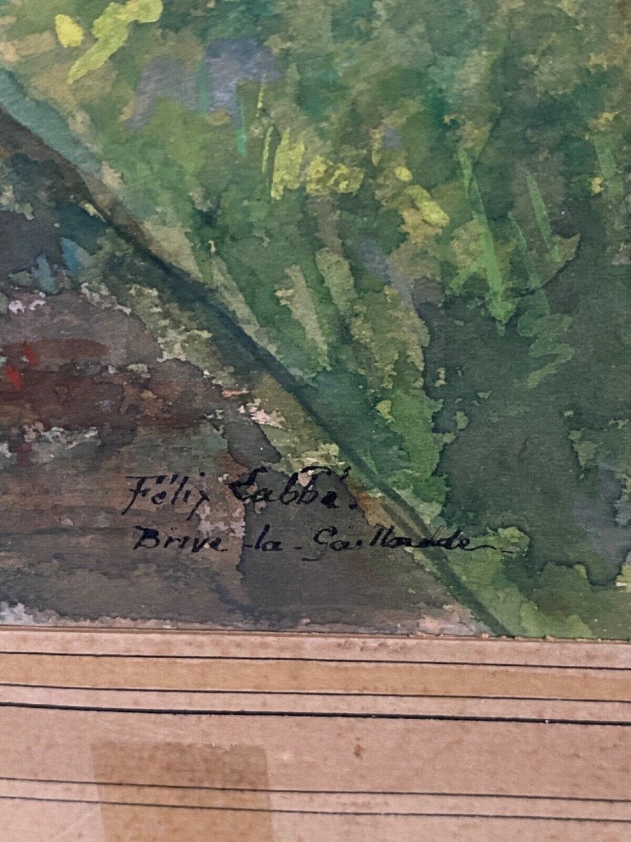 Aquarelle sur papier par Félix Labbé Brive-la-Gaillarde bord de canal XXe-photo-1