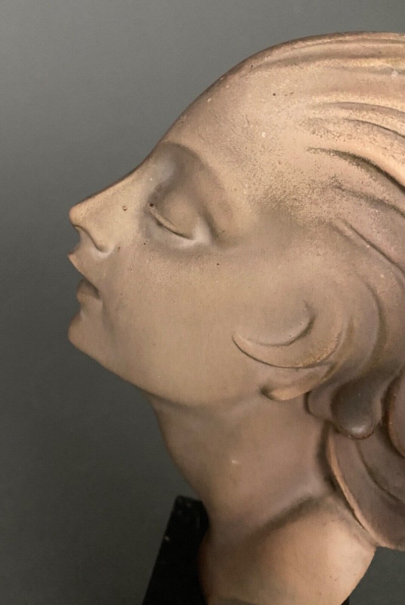 Profile Of A Woman 1930 In Terracotta On A Black Marble Base 20th Century-photo-7