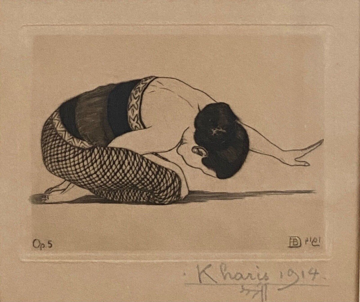 Lithographie danseuse par Kharis 1914 noir et blanc XXe sous verre Op 5-photo-2