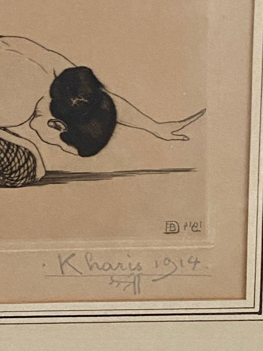 Lithographie danseuse par Kharis 1914 noir et blanc XXe sous verre Op 5-photo-3
