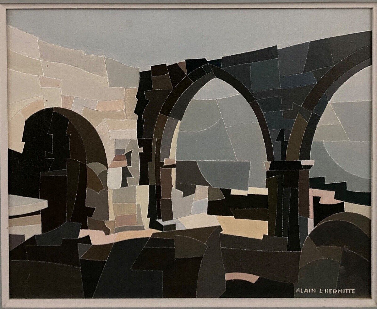 Oil On Canvas Alain l'Hermitte Lhermitte Geometric Architecture 20th Century-photo-2