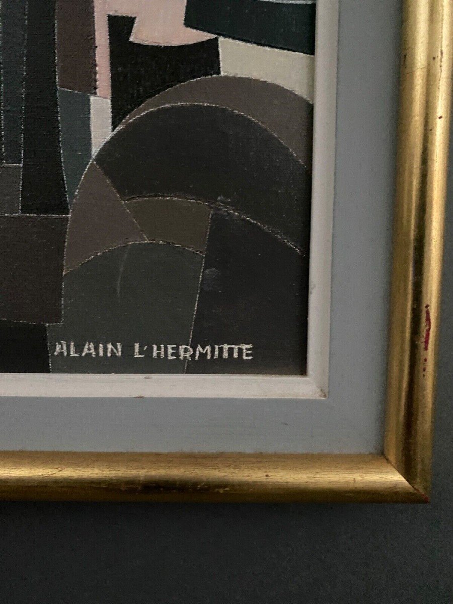 Huile sur toile Alain L'Hermitte Lhermitte architecture géométrique XXe-photo-3