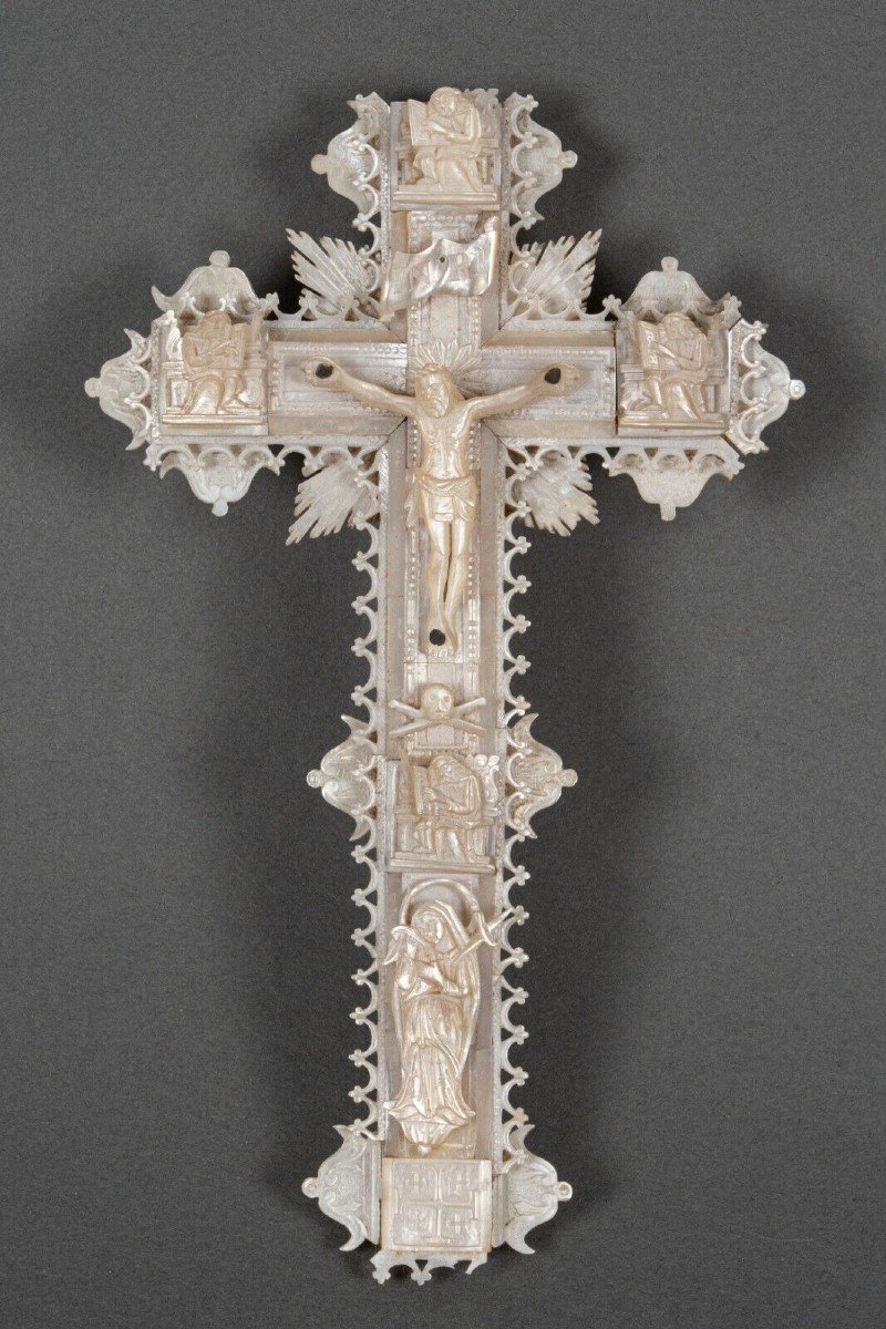19th Century Mother-of-pearl Crucifix With Characters On The Cross And Biblical Scenes