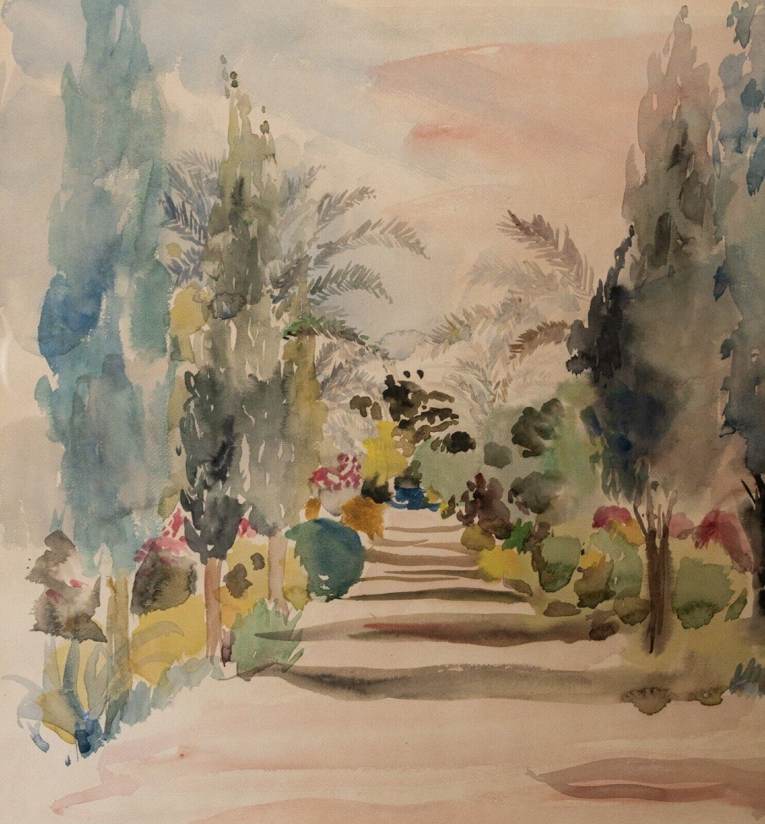Watercolor On Paper By Bernadette Sers Allée De Cyprès 20th Century-photo-4