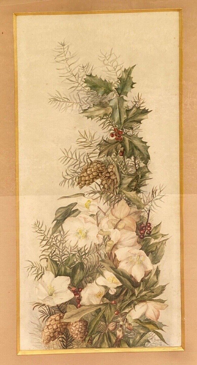 Watercolor On Paper M. Baron Baror To Identify 1909 Bouquet Of Flowers-photo-4