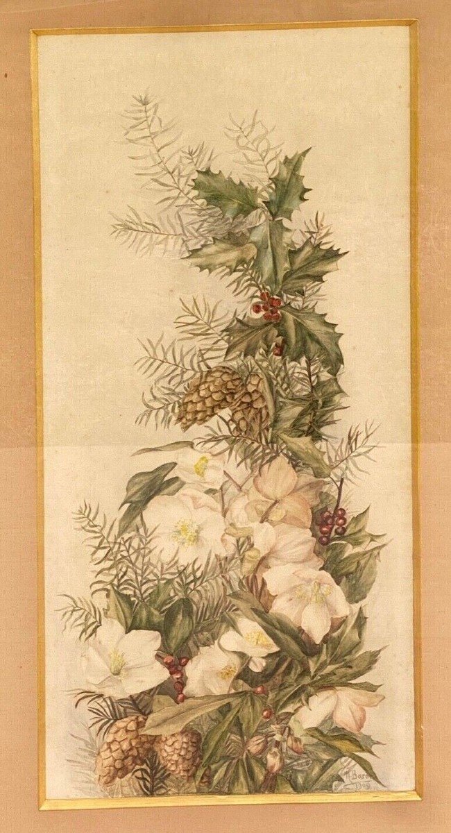 Aquarelle sur papier M. Baron Baror à identifier 1909 bouquet de fleurs-photo-4