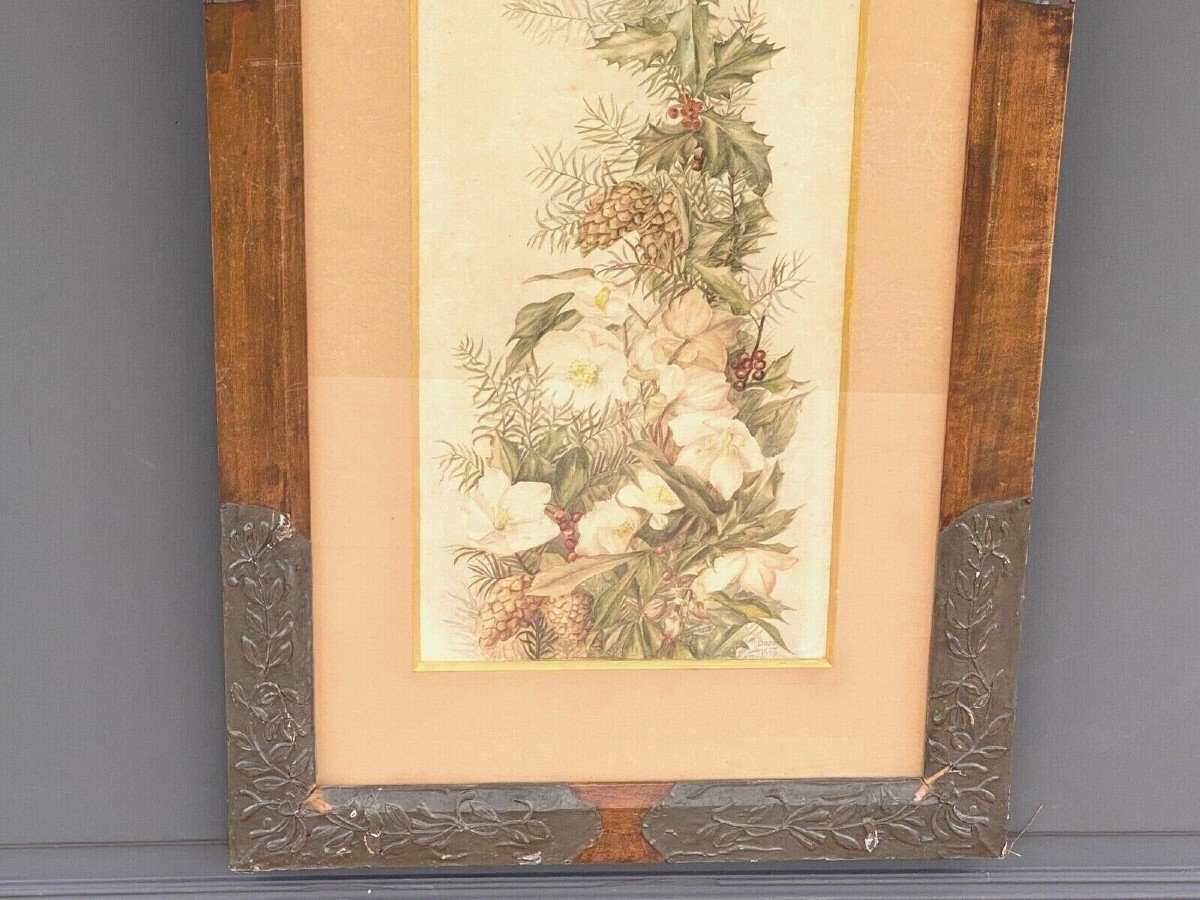 Watercolor On Paper M. Baron Baror To Identify 1909 Bouquet Of Flowers-photo-2