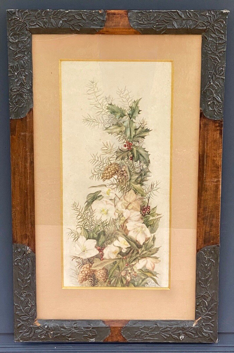 Watercolor On Paper M. Baron Baror To Identify 1909 Bouquet Of Flowers