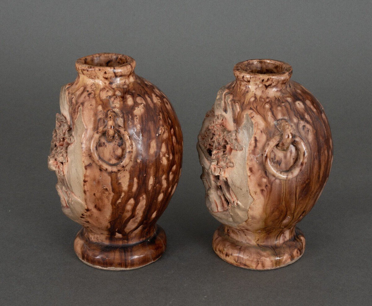 Pair Of Banko Ware Vases From China In Ceramic With Temple And Pagoda Decor-photo-2