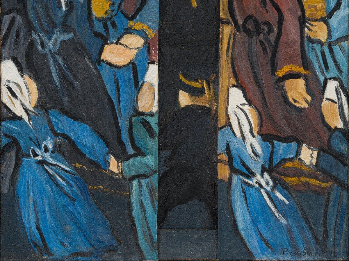 Oil On Canvas Triptych By René France 1996 Bretons In Costumes-photo-4