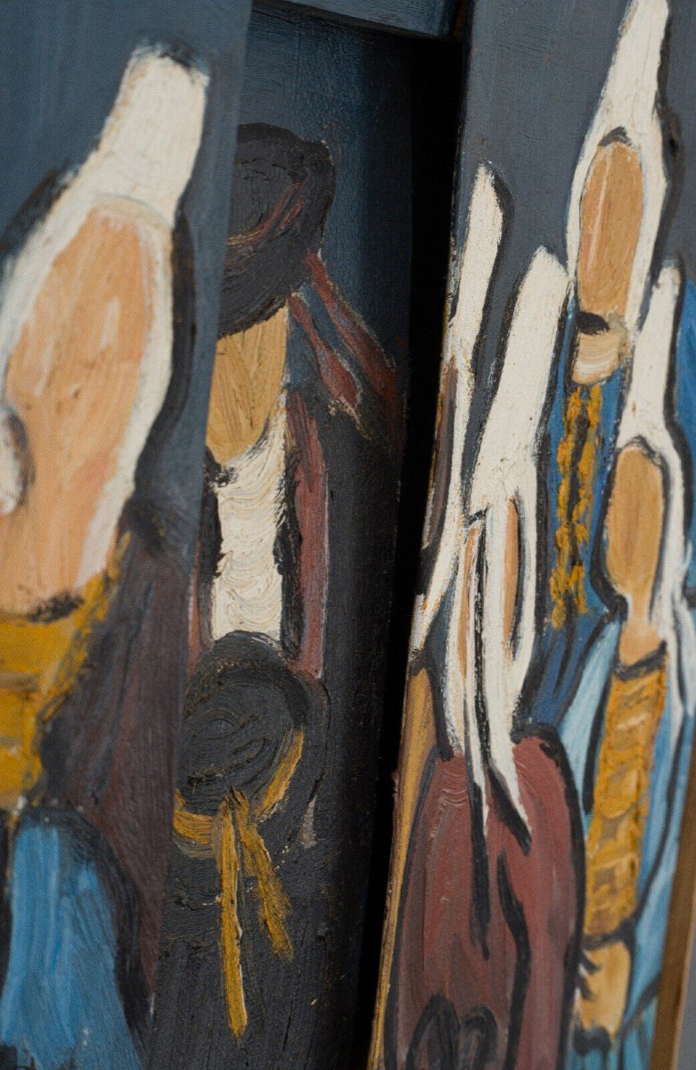 Oil On Canvas Triptych By René France 1996 Bretons In Costumes-photo-2