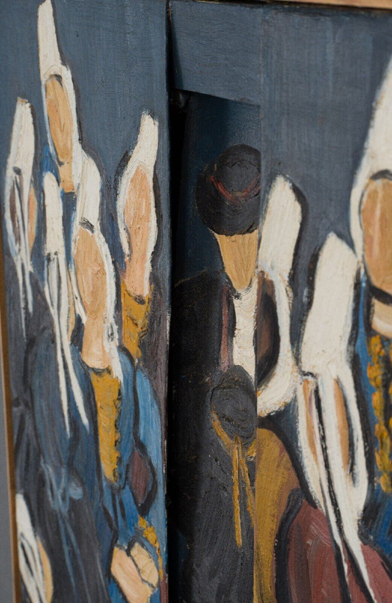 Oil On Canvas Triptych By René France 1996 Bretons In Costumes-photo-3