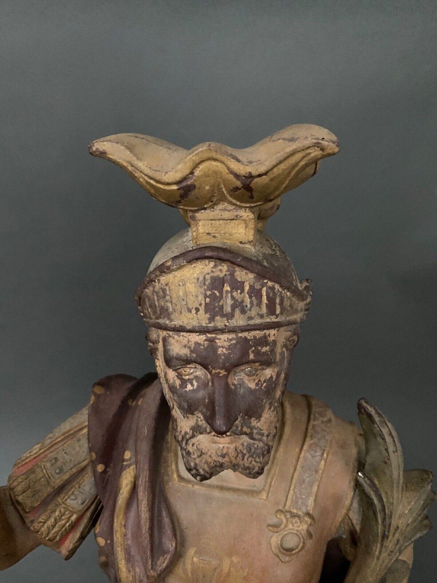 19th Century Polychrome Terracotta Statue Representing A Roman Soldier-photo-2