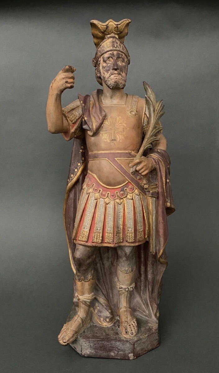 19th Century Polychrome Terracotta Statue Representing A Roman Soldier