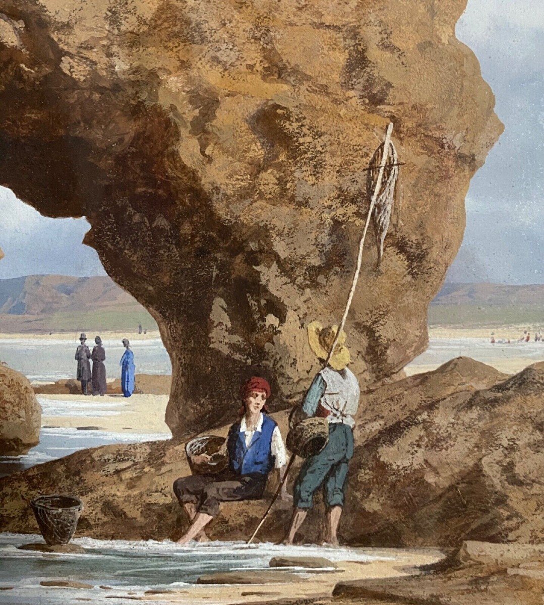 Aquarelle sur papier par Stanislas Pons pêcheurs à pied XIXe-photo-4