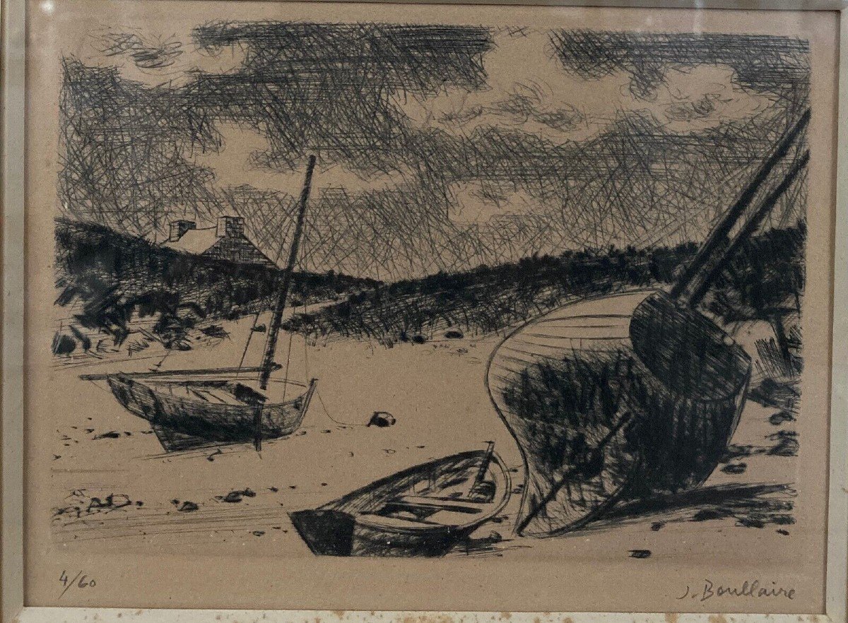 Lithograph Jacques Boullaire 4/60 Breton Shore Chausey Islands Boats-photo-2