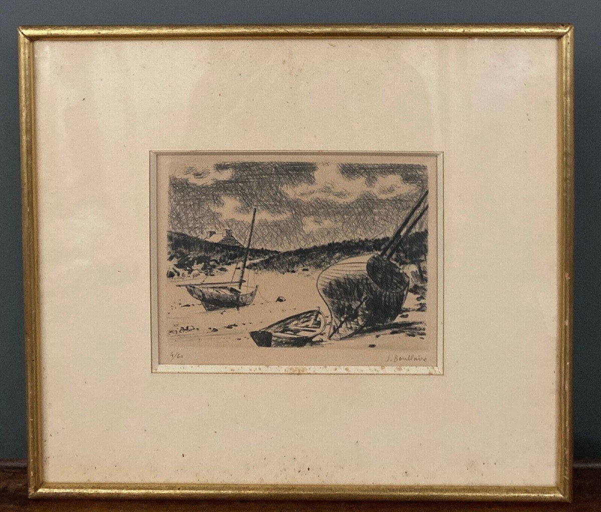 Lithograph Jacques Boullaire 4/60 Breton Shore Chausey Islands Boats