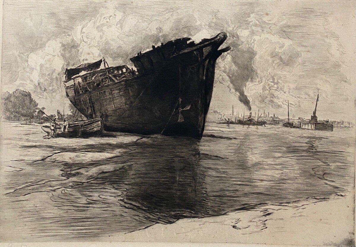 Engraving By René Pinard 1914 Countersigned 56/80 Boat The Old Brig In Front Of Chantenay-photo-2
