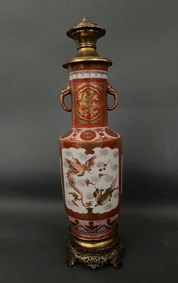 Pied de lampe en porcelaine Japon XIXe ornementé de bronze et d'oiseaux-photo-3