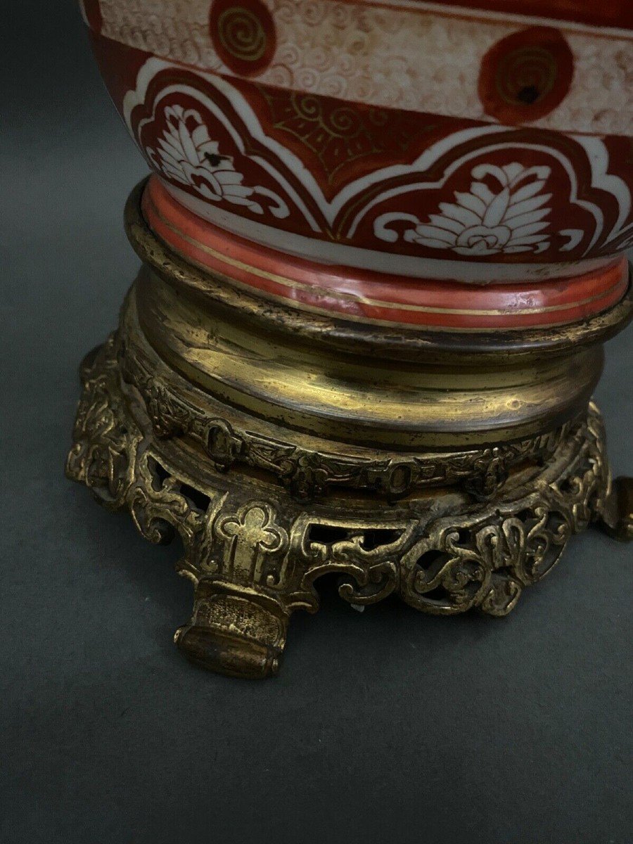 Pied de lampe en porcelaine Japon XIXe ornementé de bronze et d'oiseaux-photo-2