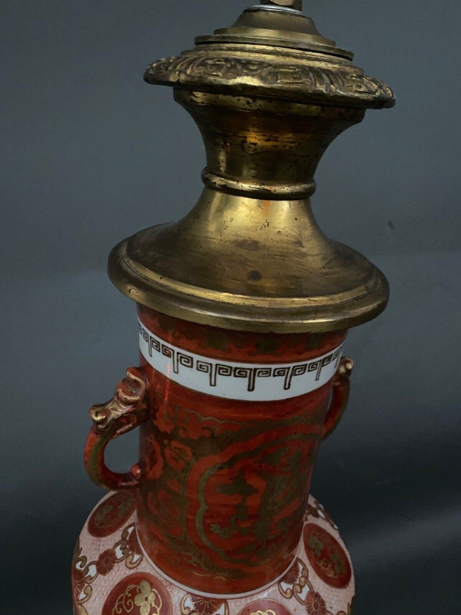 Pied de lampe en porcelaine Japon XIXe ornementé de bronze et d'oiseaux-photo-3
